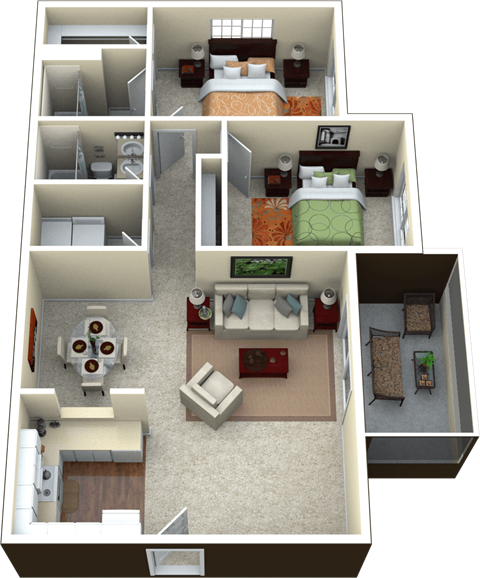Floor plan for 2 beds, 2 baths, 1151 sqft